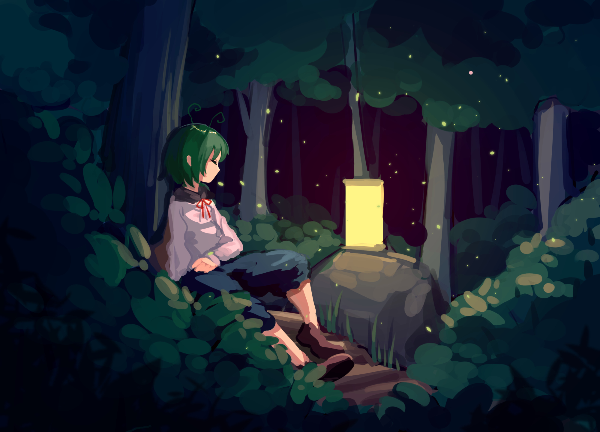 furahata gen, wriggle nightbug, touhou, highres, 1girl, antenna hair, black cape, blue pants, brown shoes, bush, cape, fireflies, grass, green hair, lantern, leaning back, night, pants, red ribbon, ribbon, rock, shirt, shirt ribbon, shoes, short hair, sitting, sleeping, sleeping upright, solo, tree, white shirt