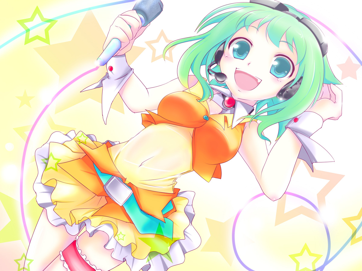 haru aki, gumi, vocaloid, 1girl, aqua eyes, female focus, green hair, short hair, skirt, solo, star (symbol)