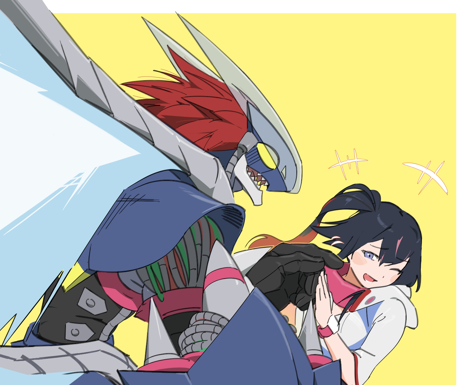 darkdramon, shiki (digimon world -next 0rder-), digimon, digimon world -next 0rder-, highres, 1girl, black dress, black hair, breasts, digimon (creature), dragon, dress, goggles, goggles around neck, hood, long hair, monster, multicolored hair, open mouth, purple eyes, shirt, sse sae, wings