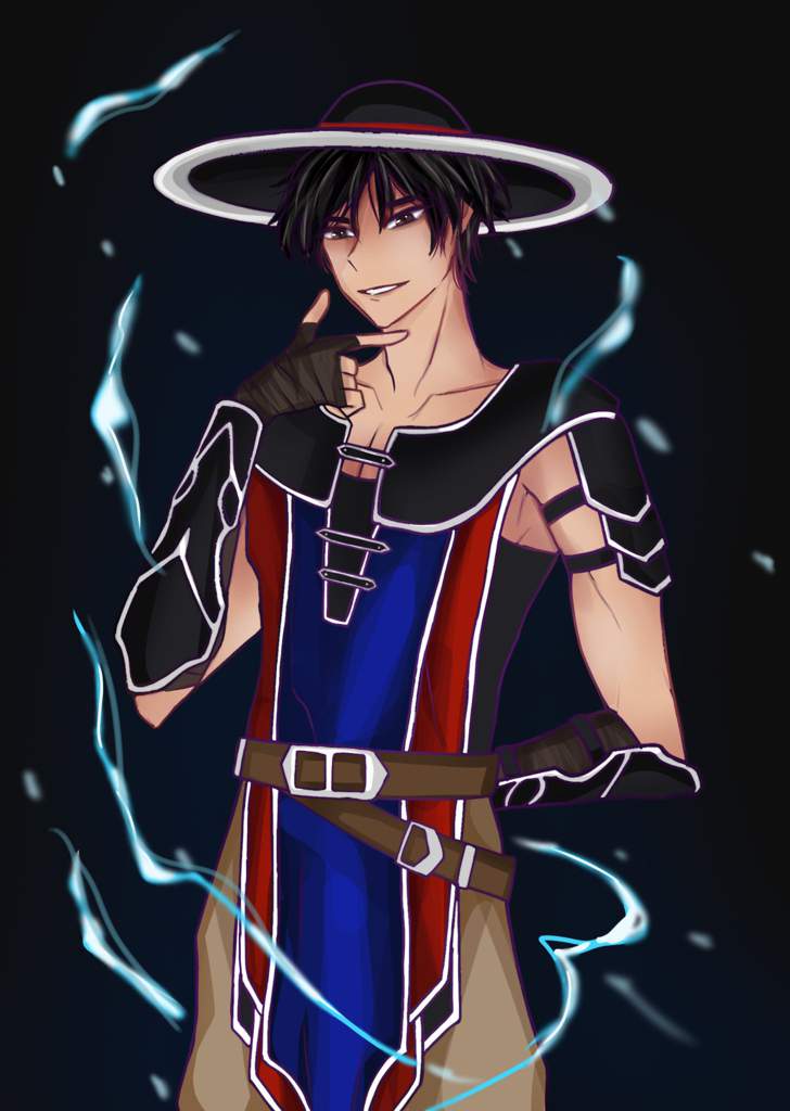 f.loraline, kung lao, mortal kombat (series), mortal kombat 11, arm behind back, aura, belt, black background, black eyes, black hair, fingerless gloves, gloves, hat, male focus, pants, shaolin monk, shoulder pads, smile, solo, solo focus, wind, wrist guards