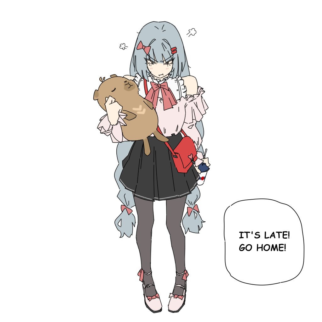 kofucchi, phrolova (wuthering waves), wuthering waves, 1girl, alternate costume, bare shoulders, black pantyhose, black skirt, bow, cup, dress, english text, grey hair, hair bow, holding, holding cup, holding stuffed toy, long hair, namipon (wuthering waves), pantyhose, pout, red bag, red bow, school uniform, shoes, skirt, stuffed animal, stuffed toy, white background, white shoes