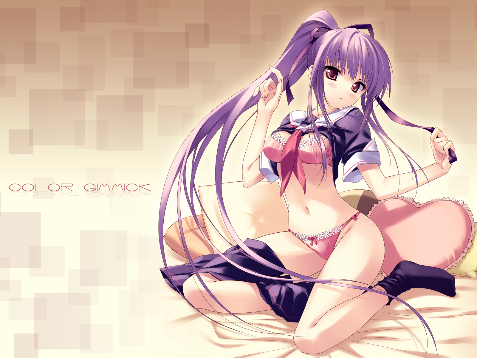 miyatsuki itsuka, highres, 1girl, bra, clothes lift, clothes pull, female focus, lingerie, long hair, panties, pillow, ponytail, purple hair, school uniform, serafuku, shirt lift, skirt, skirt pull, socks, solo, underwear, very long hair