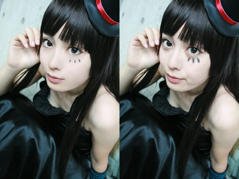 akiyama mio, don't say "lazy", k-on!, photo (medium), third-party edit, akiyama mio (cosplay), black eyes, black hair, comparison, cosplay, hat, mini hat, mini top hat, smile, top hat