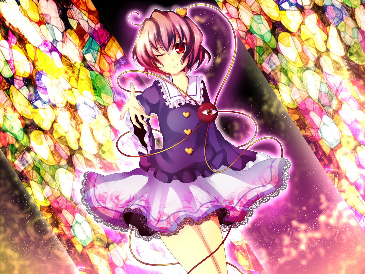 uranaishi (miraura), komeiji satori, touhou, bad id, bad pixiv id, 1girl, female focus, heart, pink hair, short hair, solo, stained glass