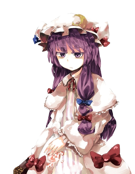 gn, patchouli knowledge, touhou, bad id, bad pixiv id, 1girl, bags under eyes, book, female focus, hat, long hair, purple eyes, purple hair, ribbon, simple background, solo, white background