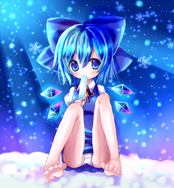 chocolat (momoiro piano), cirno, embodiment of scarlet devil, touhou, bad id, bad pixiv id, 1girl, bad anatomy, bad feet, barefoot, feet, female focus, food, panties, poorly drawn, popsicle, snowflakes, solo, underwear