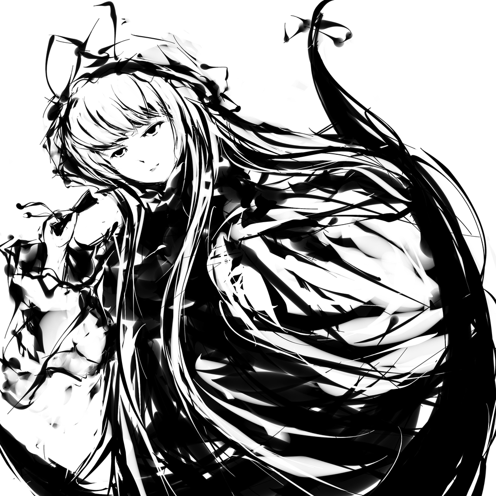 hanuu, yakumo yukari, touhou, 1girl, female focus, greyscale, hat, long hair, monochrome, ribbon, solo, white background
