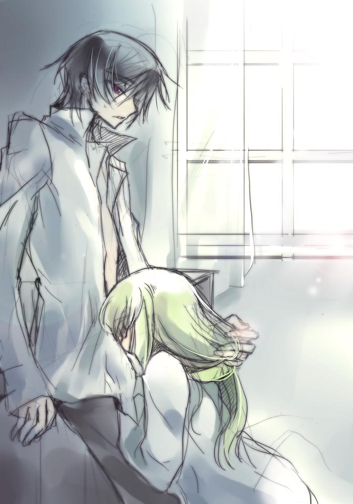 creayus, c.c., lelouch vi britannia, code geass, 00s, 1boy, 1girl, black hair, closed eyes, couple, green hair, hetero, implied fellatio, open clothes, open shirt, purple eyes, sexually suggestive, shirt
