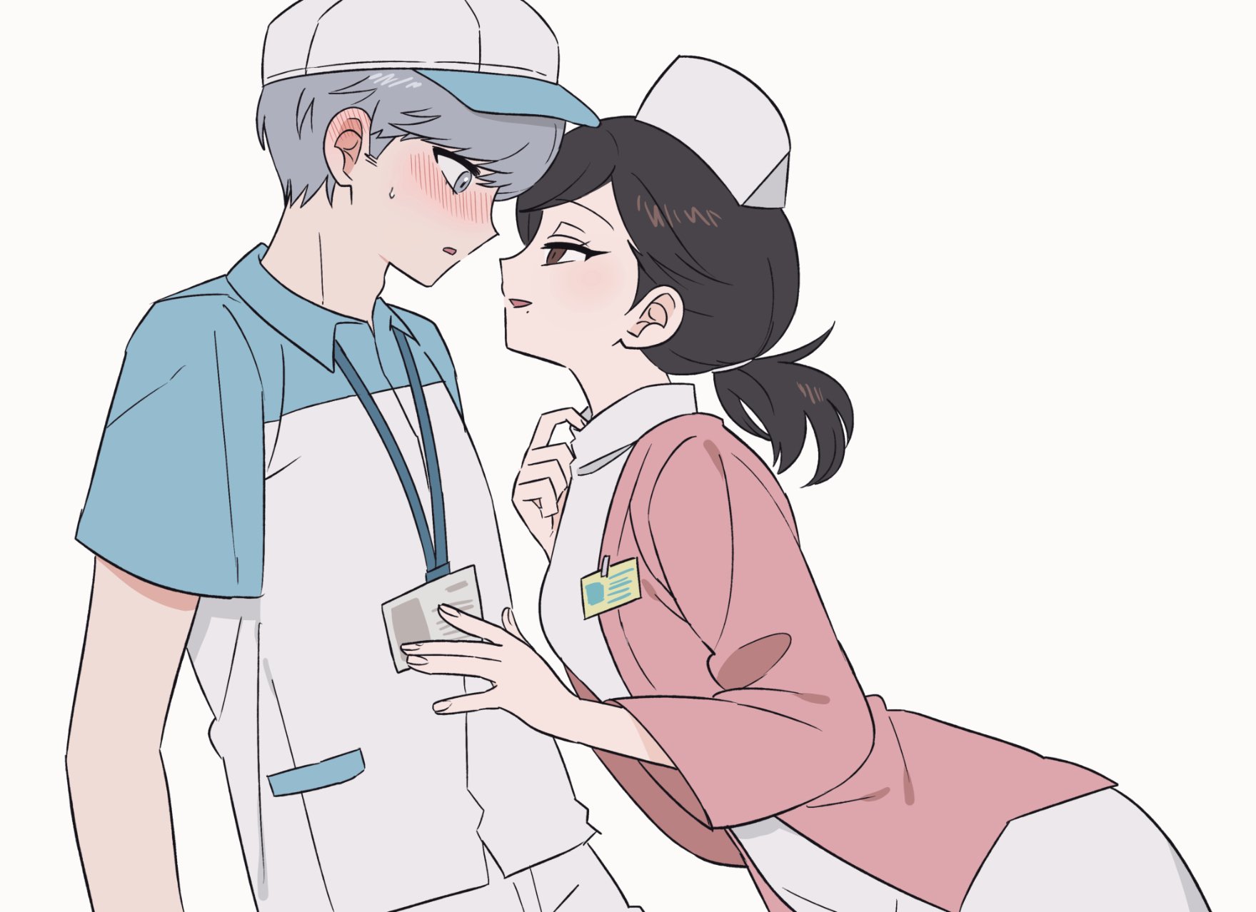 shiryoku kensa, narukami yu, uehara sayoko, persona, persona 4, commentary request, highres, korean commentary, 1boy, 1girl, black hair, blush, brown hair, dress, ear blush, eyelashes, from side, grey hair, hat, hetero, id card, long sleeves, low ponytail, mole, mole under mouth, nurse, nurse cap, ponytail, profile, shirt, short sleeves, simple background, white background, white dress