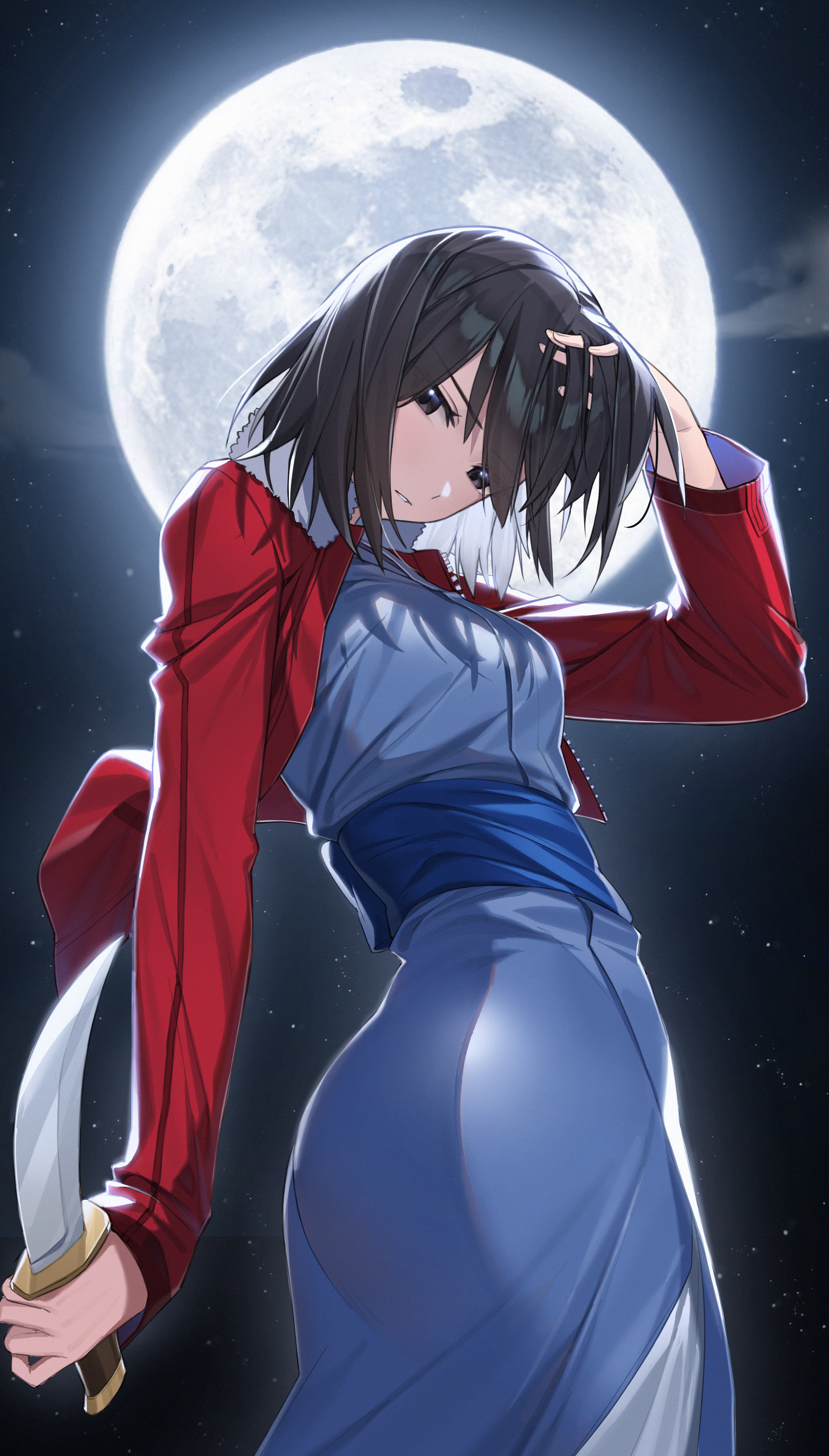 piyo (piyo8415), ryougi shiki, kara no kyoukai, absurdres, commentary request, highres, korean commentary, 1girl, adjusting hair, ass, black eyes, black hair, blue kimono, breasts, full moon, holding, holding knife, jacket, japanese clothes, kimono, knife, looking at viewer, medium breasts, moon, night, night sky, obi, parted lips, red jacket, reverse grip, sash, short hair, sky, solo