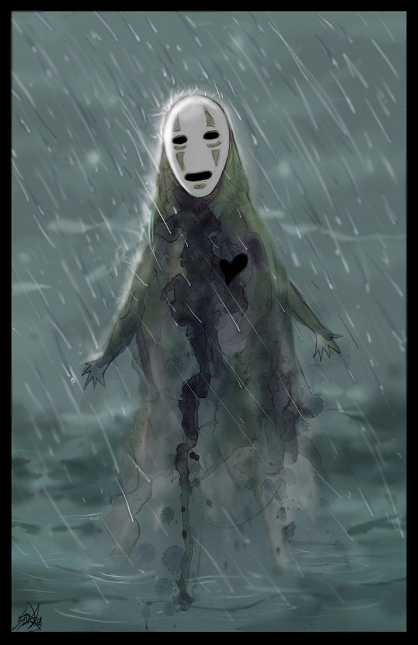 revenant-wings, kaonashi, sen to chihiro no kamikakushi, studio ghibli, image sample, 00s, cloud, cloudy sky, heart, looking at viewer, mask, monster, outdoors, rain, shadow, sky, solo, water