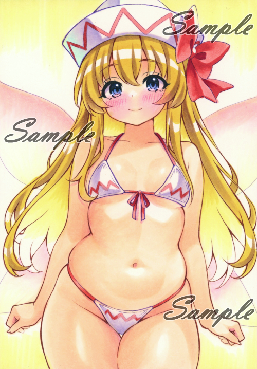miyakooo0420, lily white, touhou, commentary request, traditional media, 1girl, alternate costume, bikini, blonde hair, bow, breasts, closed mouth, fairy, fairy wings, groin, hat, hat bow, long hair, looking at viewer, navel, purple eyes, red bow, sample watermark, small breasts, smile, solo, stomach, swimsuit, very long hair, watermark, white bikini, white hat, wings
