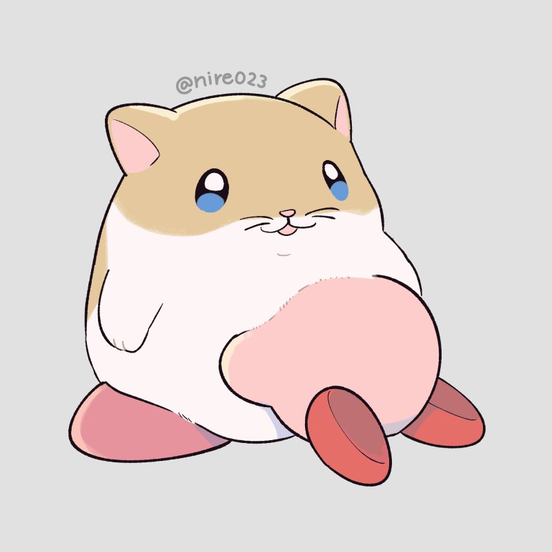 ni re, kirby, rick (kirby), kirby (series), nintendo, commentary request, :3, animal, animal focus, blue eyes, fluffy, grey background, hamster, hug, no humans, open mouth, simple background, twitter username, whiskers