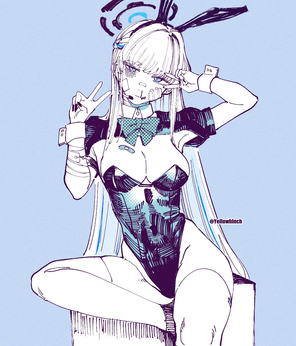 otimusyairoha, toki (blue archive), toki (bunny) (blue archive), blue archive, highres, 1girl, animal ears, bandaid, bandaid on breast, blood, blood on face, bow, bowtie, breasts, bruise, bruise on face, bruised eye, dated commentary, double v, fake animal ears, gauze, gauze on cheek, halo, headset, injury, leotard, long hair, looking at viewer, medium breasts, nail polish, nosebleed, playboy bunny, rabbit ears, short sleeves, simple background, sitting, solo, thighhighs, v, v over eye, very long hair, wrist cuffs