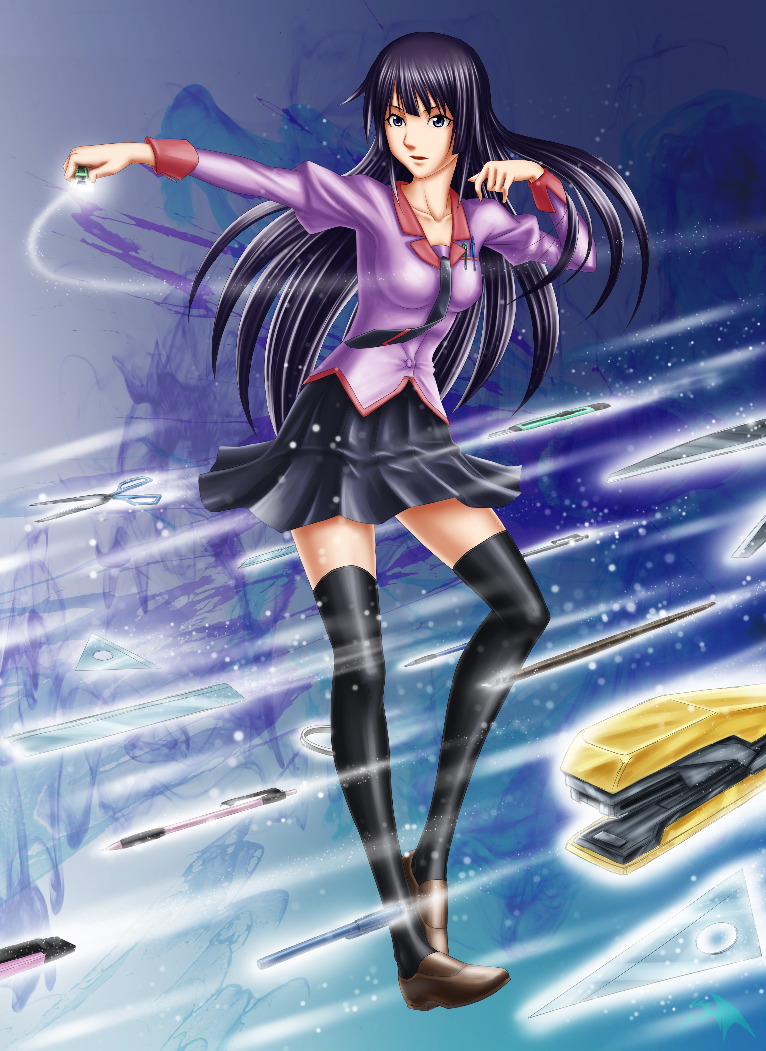 darkmuleth, senjougahara hitagi, bakemonogatari, monogatari (series), absurdres, bad id, bad pixiv id, highres, 00s, 1girl, blue eyes, boxcutter, female focus, legs, long hair, mechanical pencil, necktie, pen, pencil, purple hair, school uniform, shoes, skirt, solo, stapler, thighhighs, zettai ryouiki