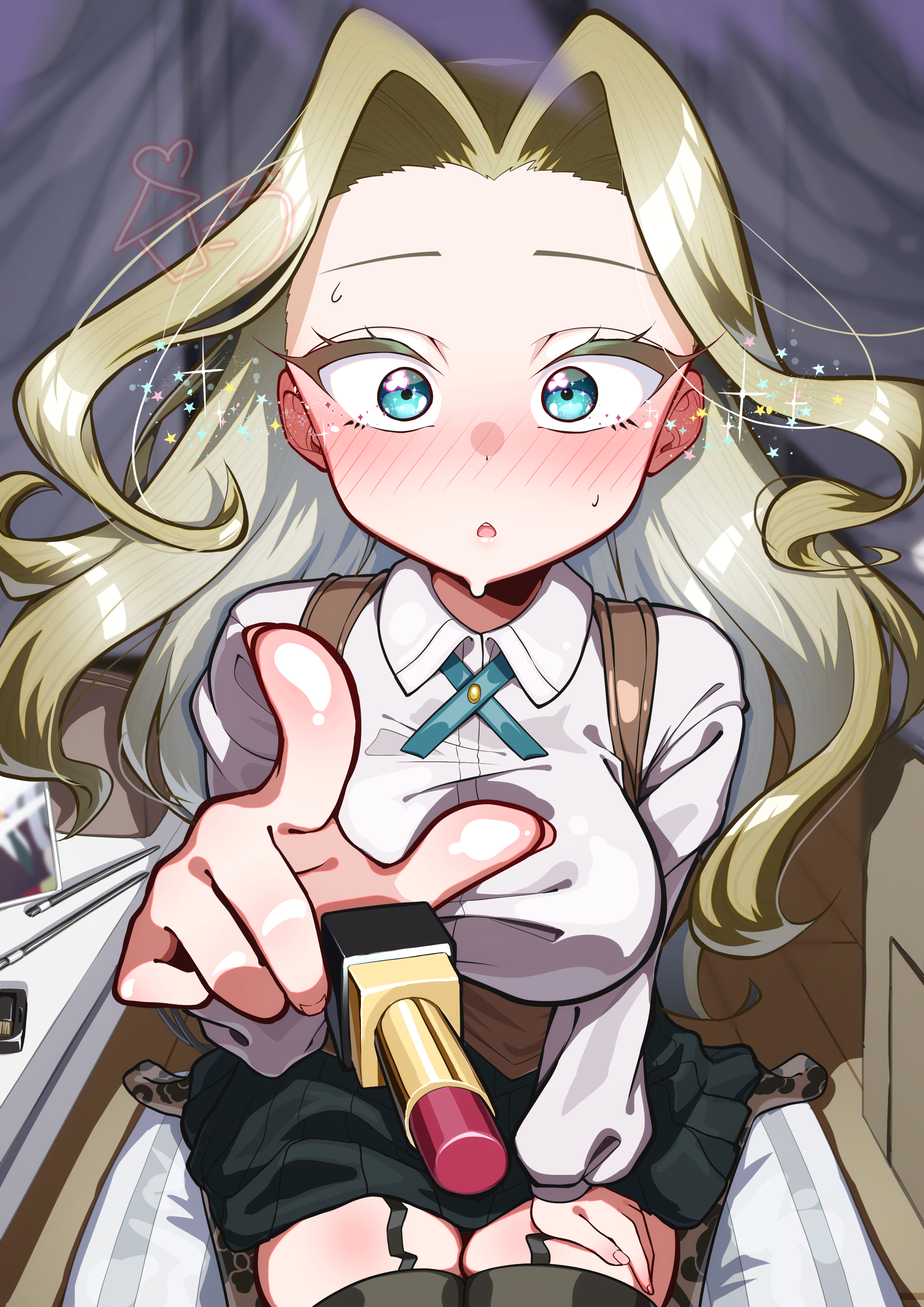 kyabetsu devil, eiai nano, utsukushisugi mimimi, kimi no koto ga dai dai dai dai daisuki na 100-nin no kanojo, absurdres, commentary, highres, 1girl, applying makeup, black garter straps, black skirt, black thighhighs, blonde hair, blue eyes, blush, box, breasts, cardboard box, cosmetics, curtained hair, flustered, forehead, garter straps, hand on own thigh, holding, holding lipstick tube, indoors, large breasts, lipstick tube, long hair, long sleeves, looking at viewer, makeup brush, nose blush, ohananomitsu high school uniform, open mouth, pleated skirt, pointing, pointing at viewer, school uniform, seiza, shirt, sitting, skirt, solo, sparkle, sweat, taut clothes, taut shirt, thighhighs, very long hair, white shirt, wing collar, zettai ryouiki