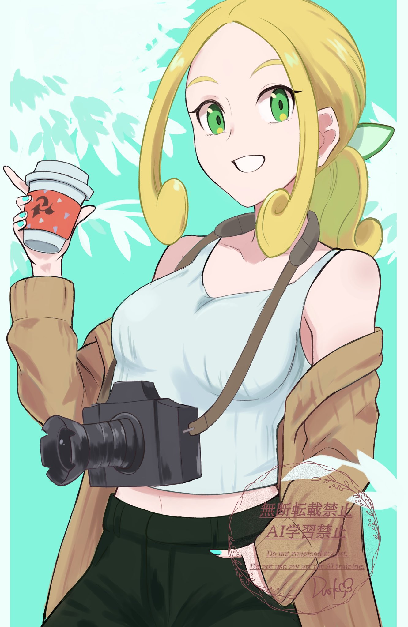dusk poke27, viola (pokemon), nintendo, pokemon, pokemon xy, commentary request, highres, 1girl, alternate costume, black pants, blonde hair, breasts, brown coat, camera, coat, collarbone, cup, disposable cup, green background, green eyes, green nails, grin, hand in pocket, holding, holding cup, long hair, nail polish, off shoulder, pants, shirt, sidelocks, sleeveless, sleeveless shirt, smile, solo, teeth, watermark