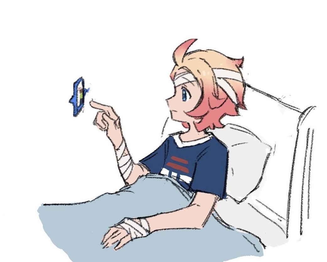 xlii idk, rotom, rotom phone, urbain (pokemon), nintendo, pokemon, pokemon legends: z-a, hashtag-only commentary, 1boy, ahoge, bandaged arm, bandaged head, bandages, blonde hair, blue eyes, blue shirt, closed mouth, expressionless, gen 4 pokemon, hand up, male focus, pillow, print shirt, shirt, short sleeves, t-shirt, under covers, white background