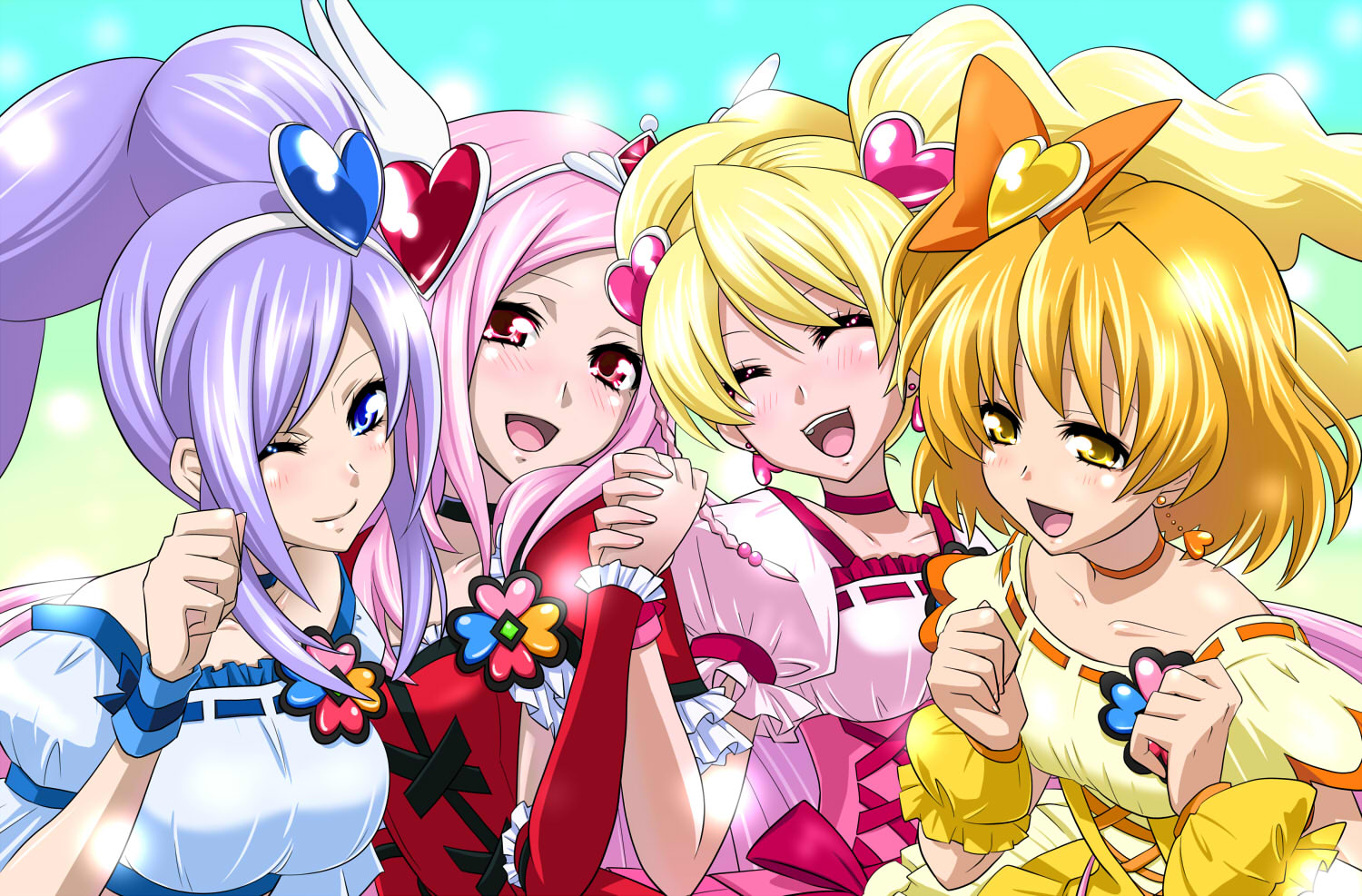 yuu (derodero), aono miki, cure berry, cure passion, cure peach, cure pine, higashi setsuna, momozono love, yamabuki inori, fresh precure!, precure, artist request, 00s, 4girls, female focus, holding hands, multiple girls