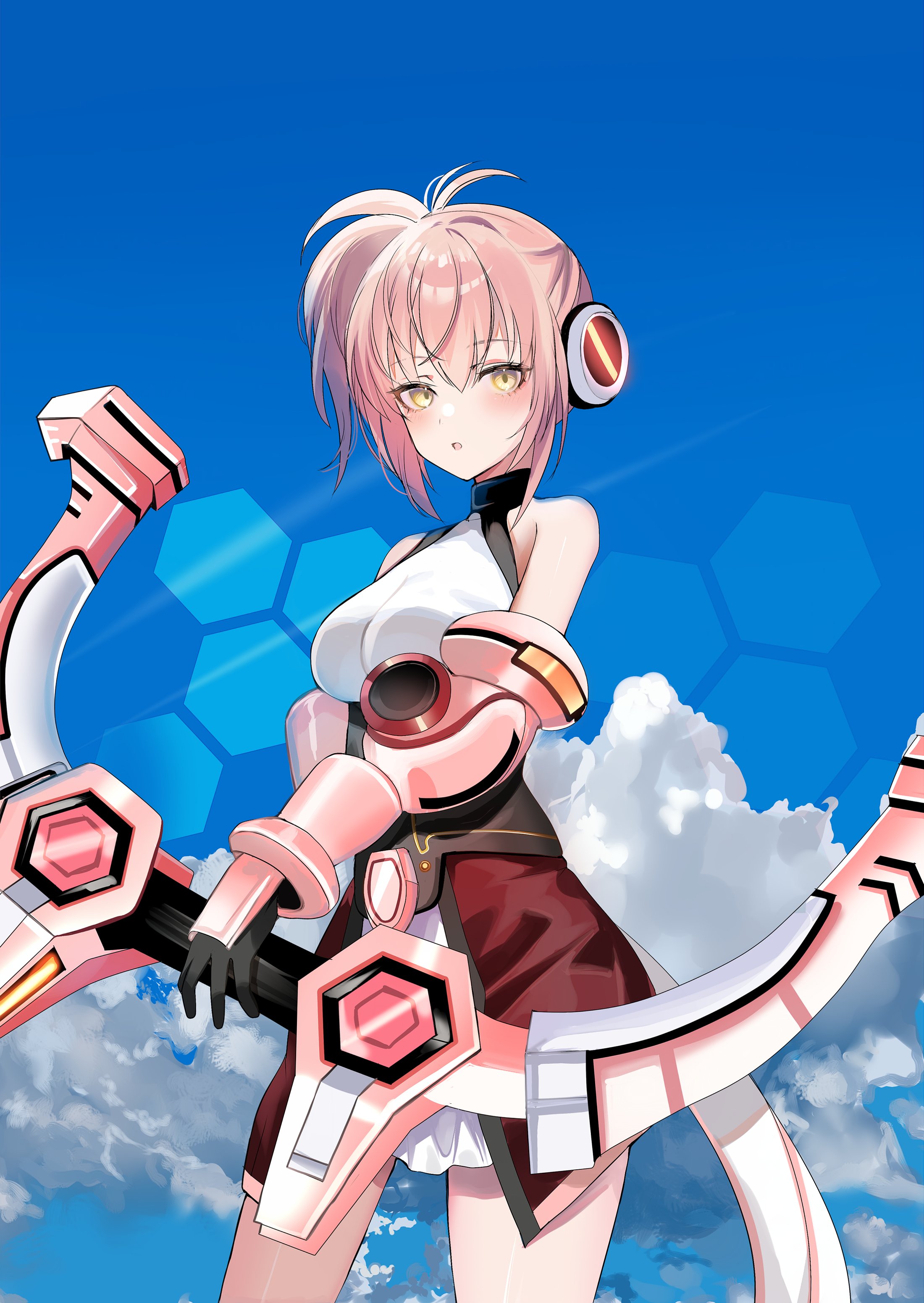 chiemo (xcem), melfi, cosmic break, absurdres, commentary, commission, english commentary, highres, 1girl, :o, bare shoulders, black gloves, bow (weapon), breasts, cloud, cloudy sky, gloves, holding, holding bow (weapon), holding weapon, looking at viewer, medium breasts, pink hair, sky, weapon, yellow eyes
