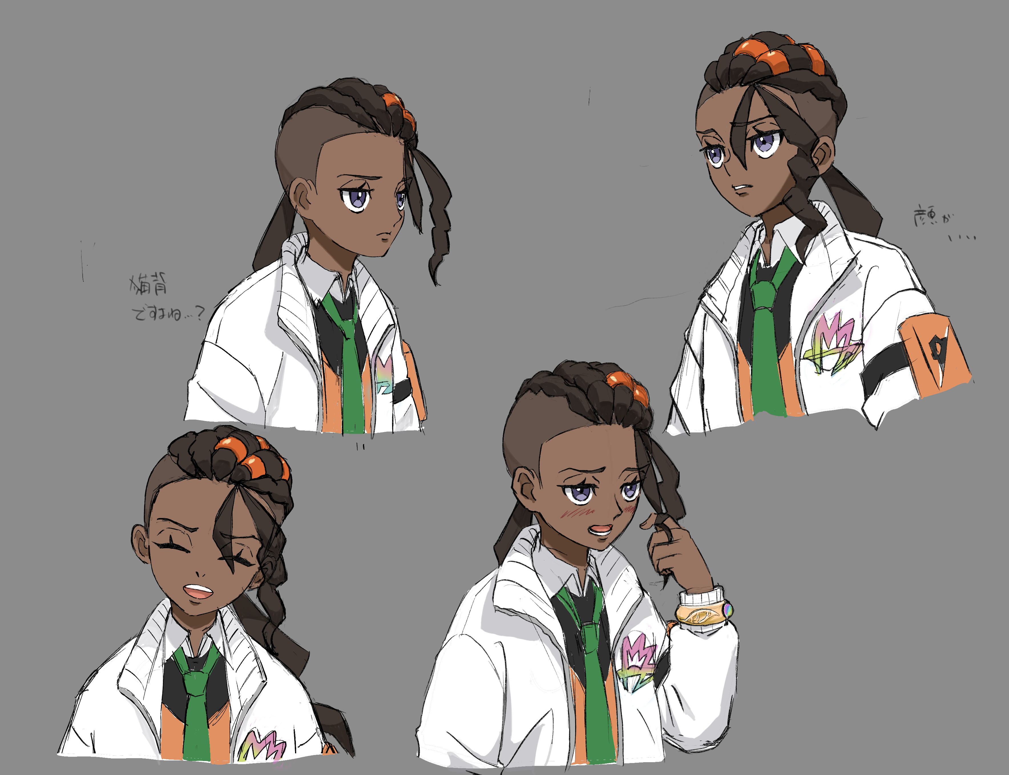 naveen (pokemon), nintendo, pokemon, pokemon legends: z-a, absurdres, commentary request, highres, translation request, 1boy, :d, bracelet, brown hair, closed eyes, collared shirt, dark-skinned male, dark skin, eyelashes, green necktie, grey background, grey eyes, hand up, jacket, jewelry, long hair, long sleeves, loose hair strand, male focus, multiple views, necktie, open clothes, open jacket, open mouth, orange vest, ponytail, shirt, simple background, smile, teeth, toride (0802480971), upper teeth only, vest, white jacket