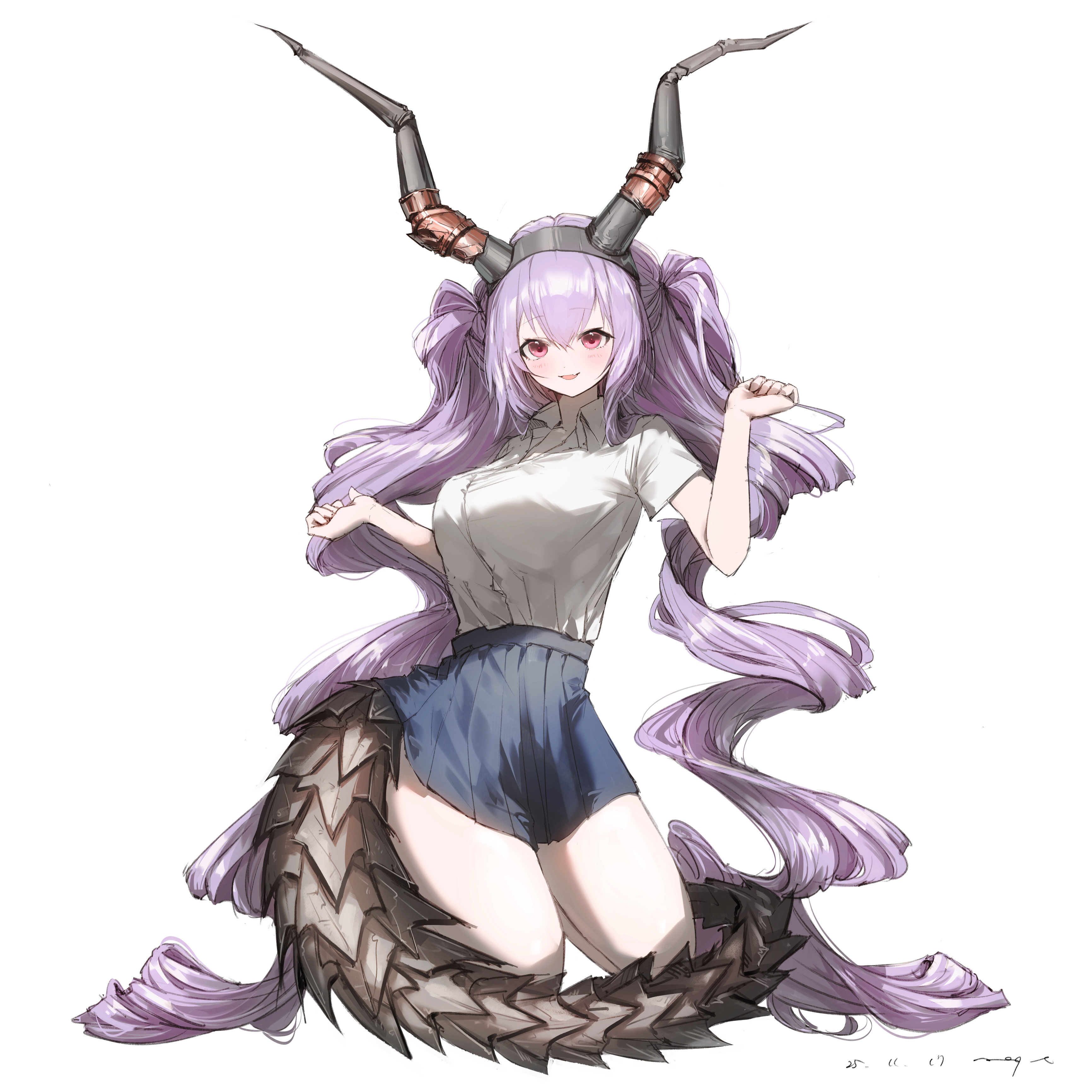 pppmepl, typhon (arknights), arknights, absurdres, commentary, highres, 1girl, black hairband, black horns, blue skirt, breasts, collared shirt, dated, fake horns, hairband, horn hairband, horns, kneeling, large breasts, long hair, looking at viewer, pink eyes, pleated skirt, purple hair, shirt, signature, simple background, skirt, solo, tail, white background, white shirt