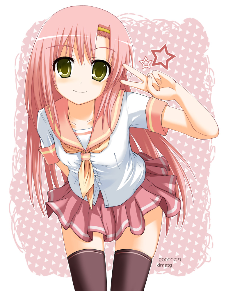 kimatg, katsura hinagiku, hayate no gotoku!, 00s, 1girl, bent over, female focus, hairband, long hair, pink hair, pink skirt, school uniform, serafuku, shirt, skirt, smile, solo, star (symbol), thighhighs, v, white shirt, yellow eyes, zettai ryouiki