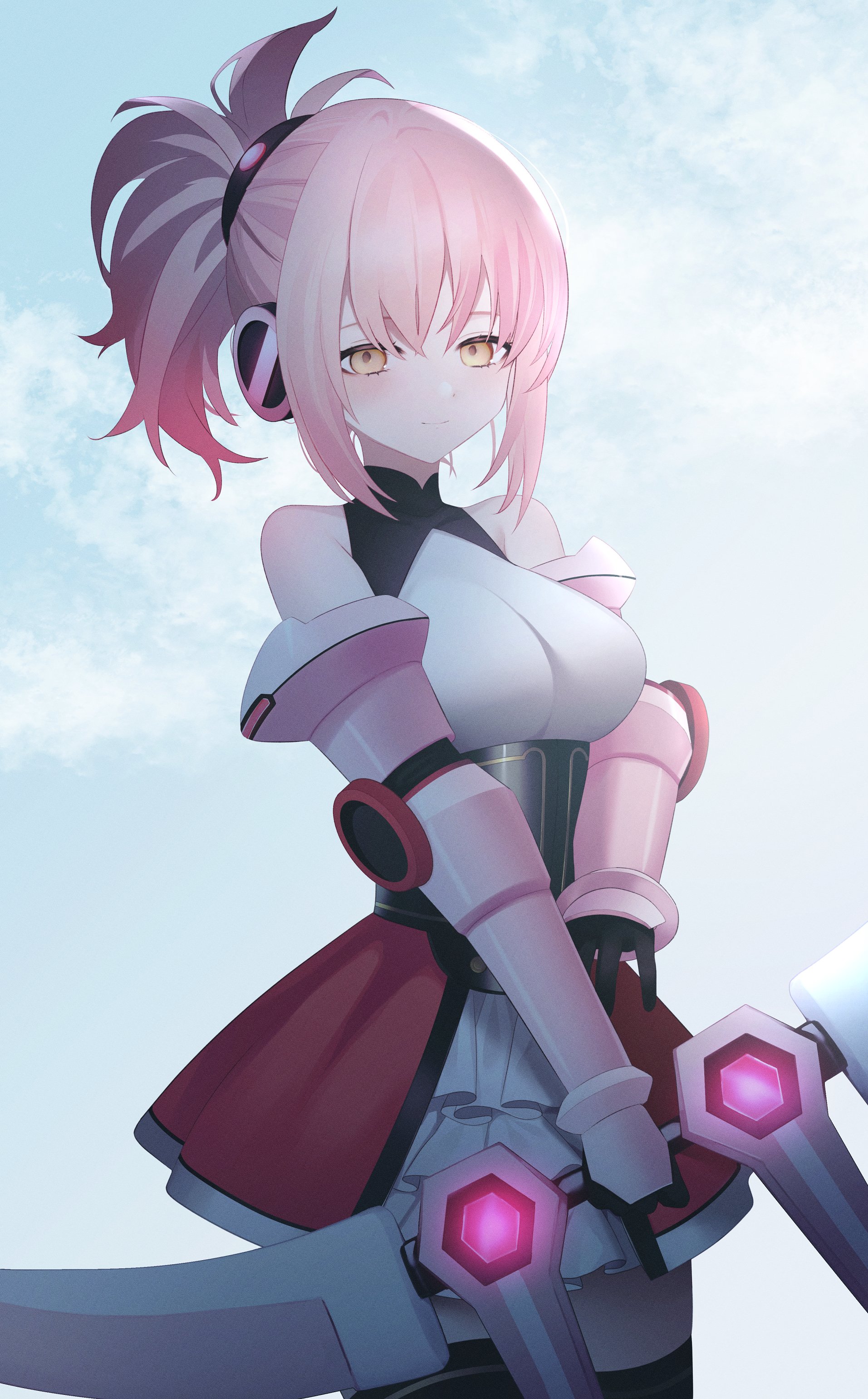 migihidari (puwako), melfi, cosmic break, absurdres, commentary request, commission, highres, 1girl, bare shoulders, black gloves, bow (weapon), breasts, gloves, high ponytail, looking at viewer, medium breasts, pink hair, ponytail, weapon, yellow eyes