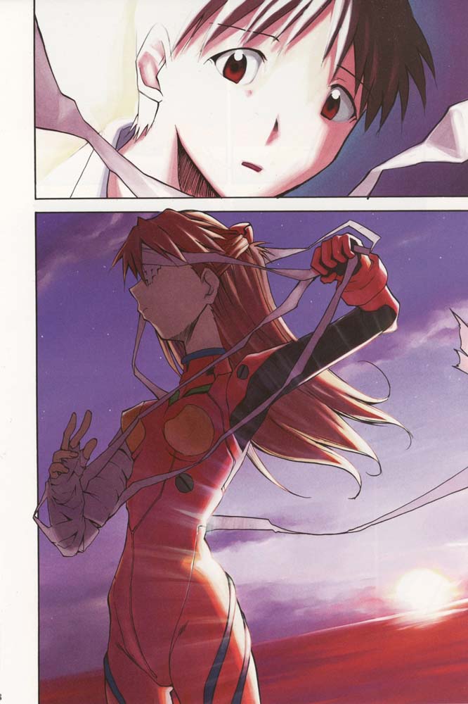 ikari shinji, souryuu asuka langley, neon genesis evangelion, the end of evangelion, 1990s (style), bandages, comic, interface headset (evangelion), lcl, mecha pilot suit, plugsuit (evangelion), red hair, retro artstyle, silent comic