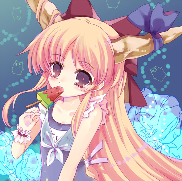 ibuki suika, touhou, 1girl, brown hair, female focus, food, fruit, hair ribbon, horn ornament, horn ribbon, horns, name connection, object namesake, one-piece swimsuit, orange hair, popsicle, ribbon, school swimsuit, solo, swimsuit, watermelon, watermelon bar