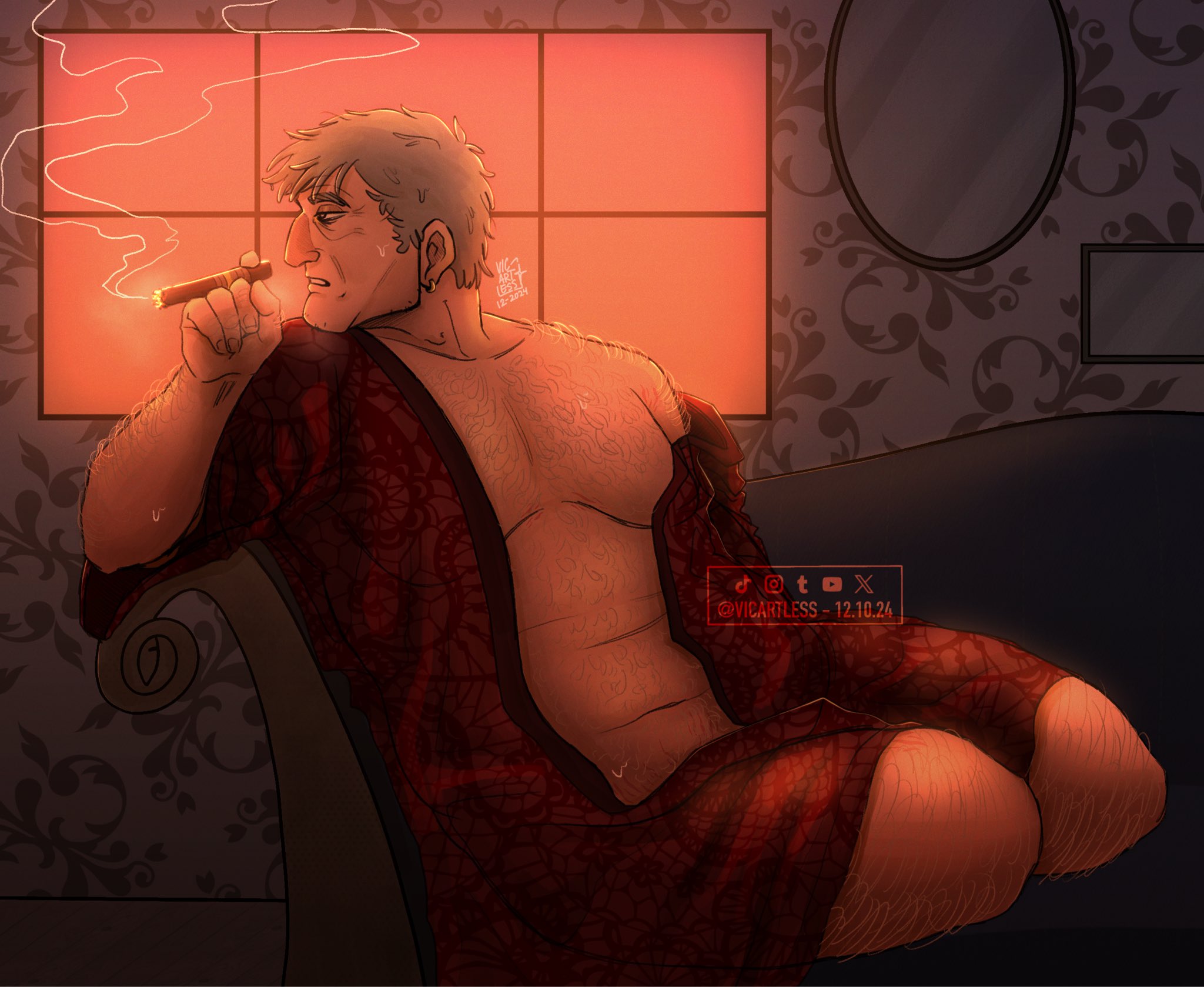 grunkle stan, gravity falls, commentary, english commentary, highres, 1boy, arm hair, belly, black eyes, black trim, chest hair, cigar, couch, dated, earrings, evening, facial hair, floor, goatee stubble, grey hair, gynecomastia, half-closed eyes, holding, holding cigar, indoors, jewelry, leg hair, looking to the side, old, old man, on couch, open clothes, open robe, parted lips, plump, red robe, robe, see-through robe, short hair, short sleeves, shoulder hair, single earring, sitting, smoke, stomach hair, stubble, sweatdrop, teeth, twitter username, vicartless, window, wrinkled skin, yokozuwari