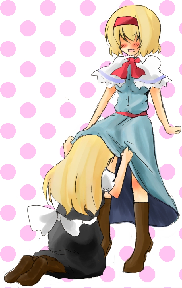 okannigeru, alice margatroid, kirisame marisa, touhou, bad id, bad pixiv id, commentary request, 2girls, blonde hair, blush, clothes lift, embarrassed, female focus, head under skirt, kneeling, multiple girls, no eyes, skirt, skirt lift