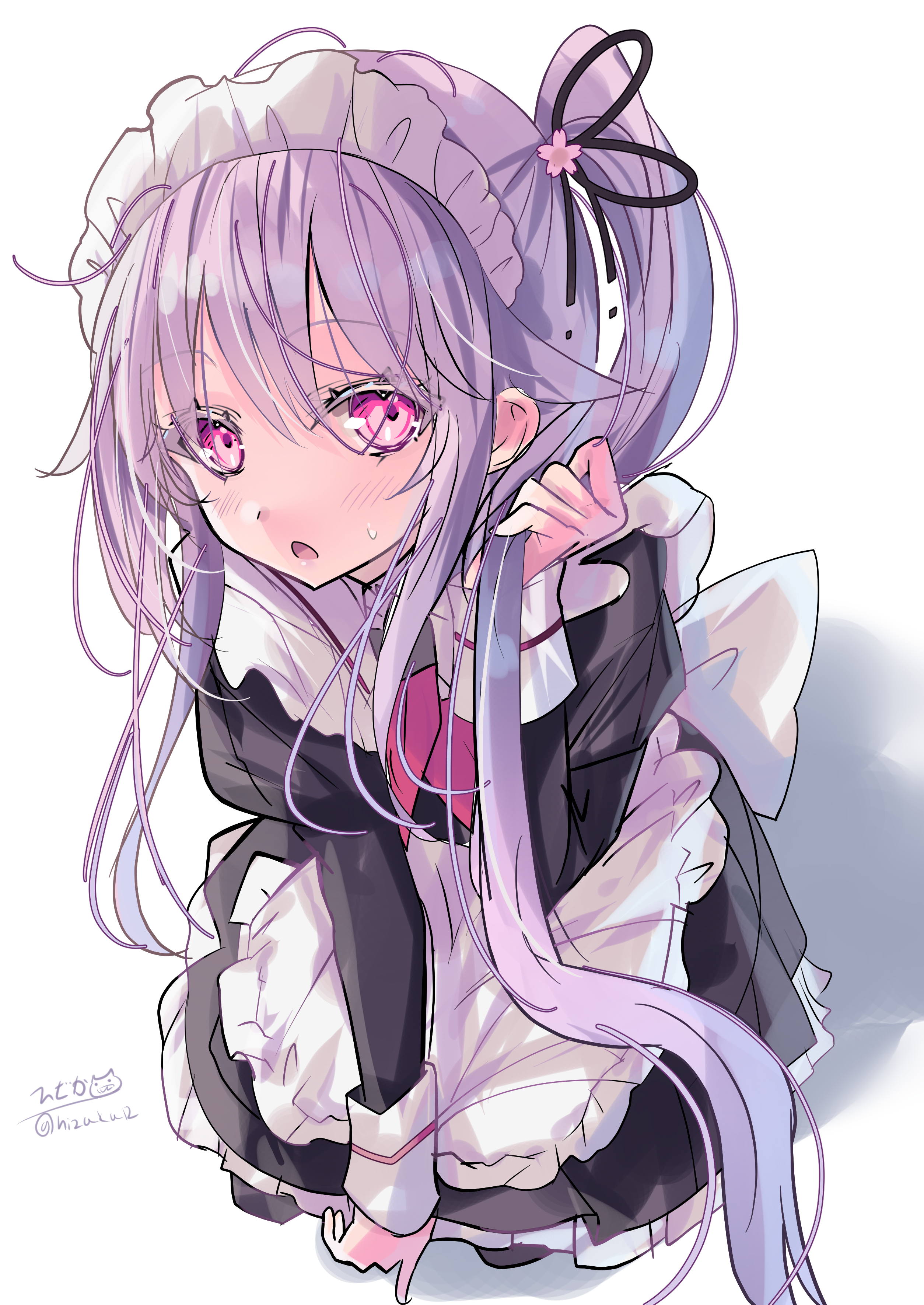 hizaka, harusame (kancolle), harusame (maid) (kancolle), kantai collection, absurdres, commentary request, highres, 1girl, alternate headwear, apron, black dress, blue hair, blush, dress, frills, gradient hair, hair flaps, hair ornament, kneeling, long hair, long sleeves, looking at viewer, maid, maid apron, maid headdress, multicolored hair, neckerchief, pink hair, red eyes, red neckerchief, ribbon, side ponytail, signature, solo, twitter username, white apron, white background