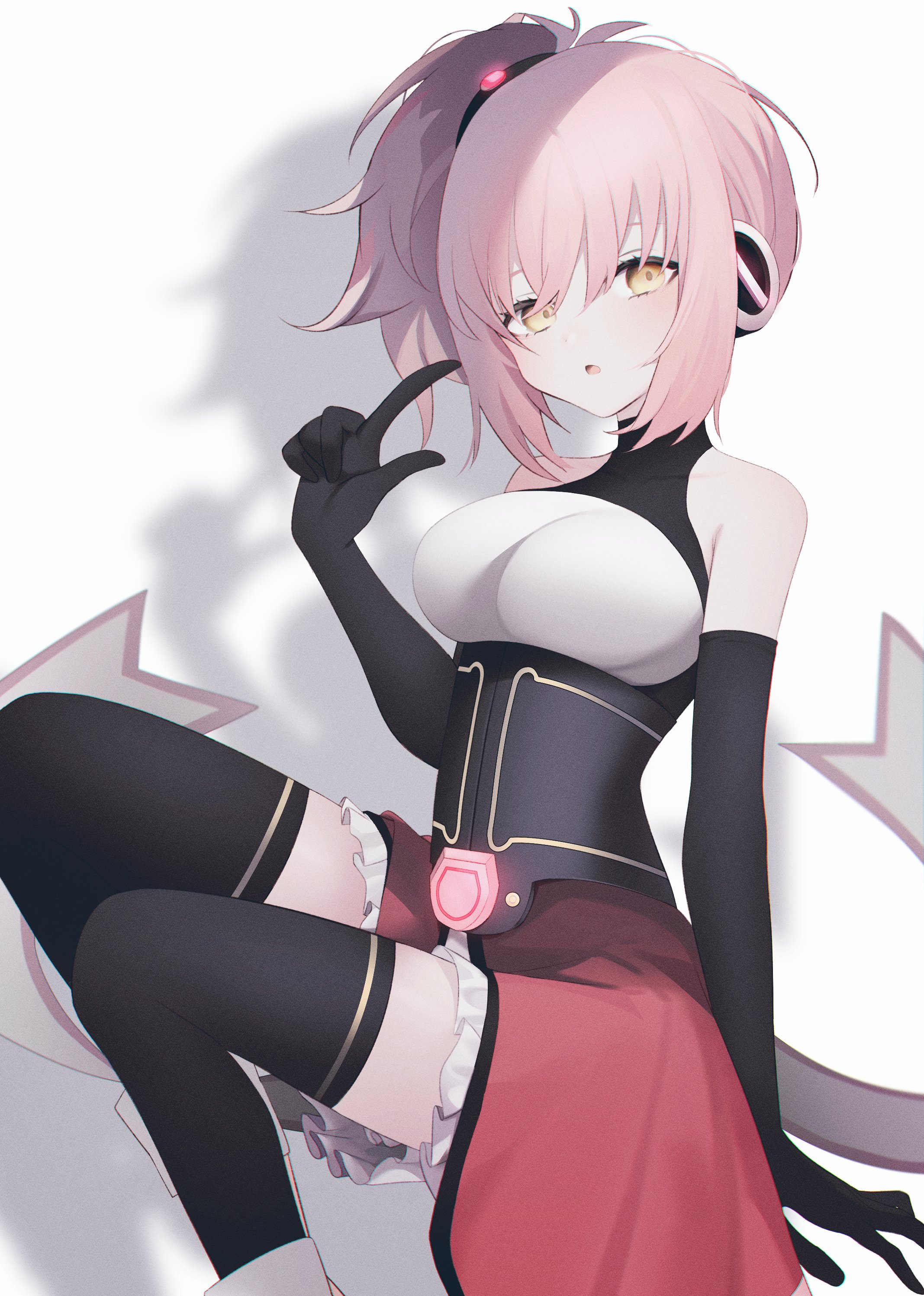 migihidari (puwako), melfi, cosmic break, absurdres, commentary request, commission, highres, 1girl, :o, bare shoulders, black gloves, black thighhighs, breasts, gloves, high ponytail, index finger raised, looking at viewer, medium breasts, pink hair, ponytail, shadow, sitting, thighhighs, yellow eyes