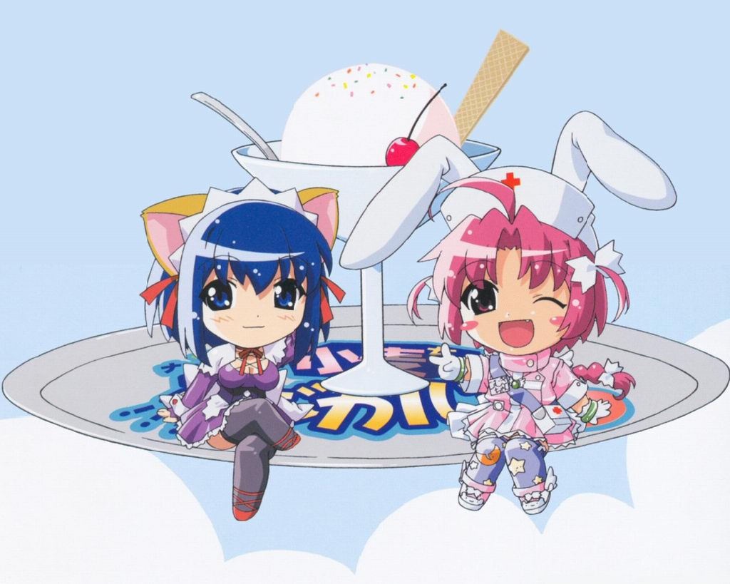 kokubunji koyori, nakahara komugi, nurse witch komugi-chan, print legwear, 00s, 2girls, animal ears, ankle boots, black thighhighs, blue eyes, blue hair, boots, braid, chibi, food, ice cream, multiple girls, pink eyes, pink hair, purple skirt, purple thighhighs, short hair, skirt, thighhighs