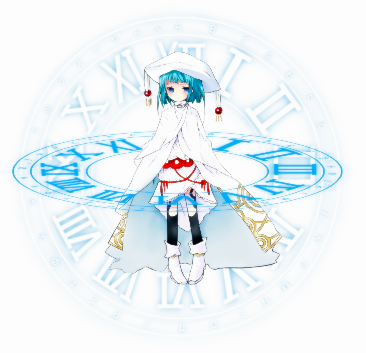 lococo, hecate (shakugan no shana), shakugan no shana, bad id, bad pixiv id, highres, 00s, 1girl, aqua hair, blue eyes, boots, cloak, female focus, hat, magic circle, sidelocks, solo