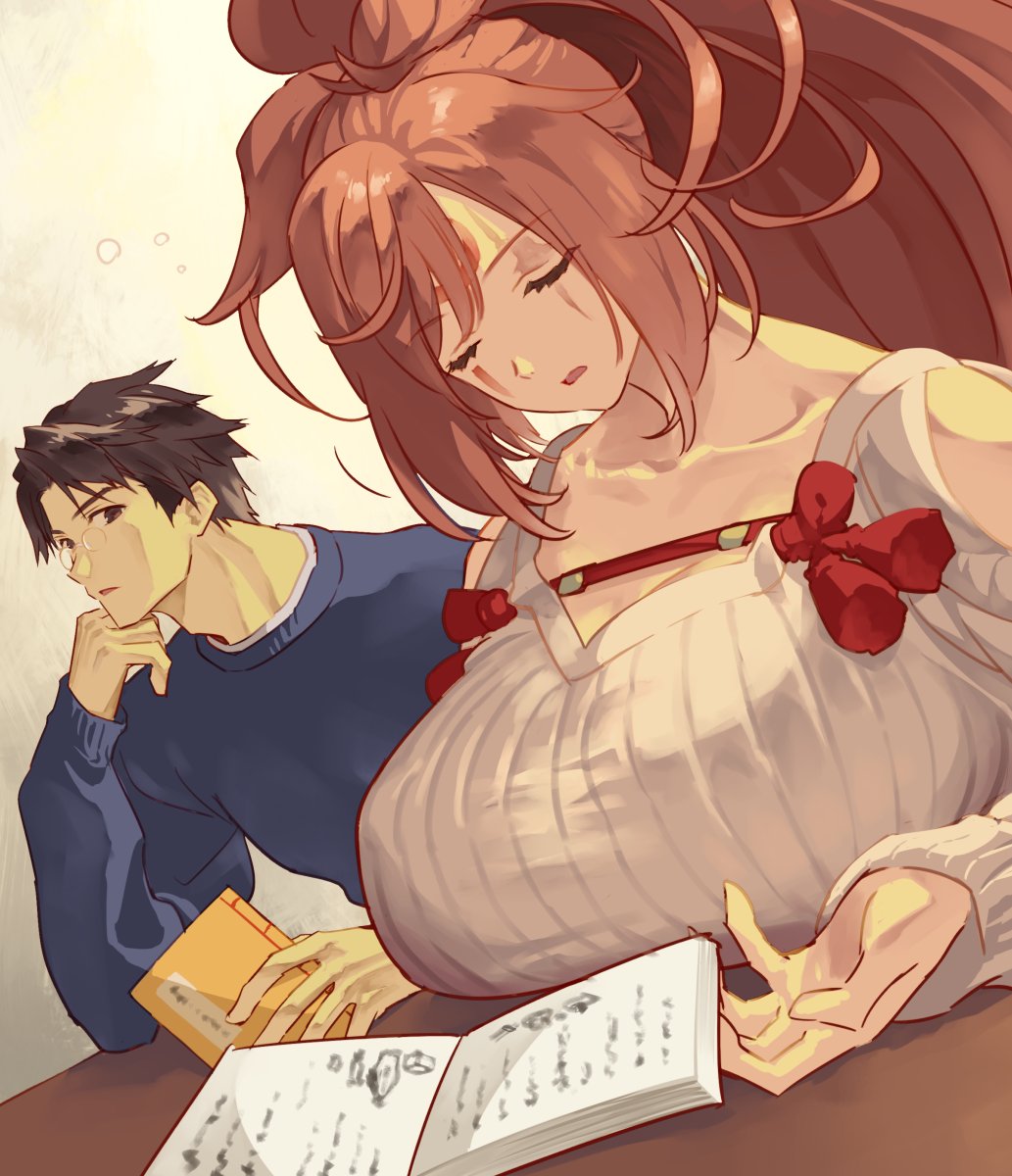 jako (toyprn), baiken, mito anji, guilty gear, commentary request, highres, 1boy, 1girl, arm support, blue sweater, book, breast rest, breasts, breasts on table, brown eyes, brown hair, cleavage, closed eyes, clothing cutout, collarbone, dutch angle, elbow on table, facial tattoo, glasses, head on hand, head rest, holding, holding book, huge breasts, long hair, long sleeves, looking at another, open book, parted lips, pince-nez, pink hair, ponytail, scar, scar across eye, scar on face, short hair, shoulder cutout, sleeping, sleeping upright, squeans, sweater, table, tattoo, upper body, white sweater, yellow background