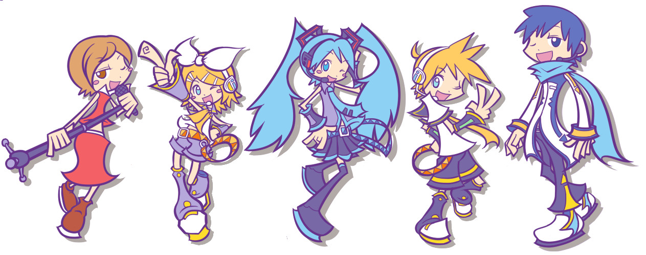 hatsune miku, kagamine len, kagamine rin, kaito (vocaloid), meiko (vocaloid), madou monogatari, puyopuyo, puyopuyo fever, vocaloid, 2boys, 3girls, aqua eyes, blonde hair, blue eyes, blue hair, brown eyes, brown hair, microphone stand, multiple boys, multiple girls, one eye closed, parody, pointing, style parody, thighhighs, twintails, wink