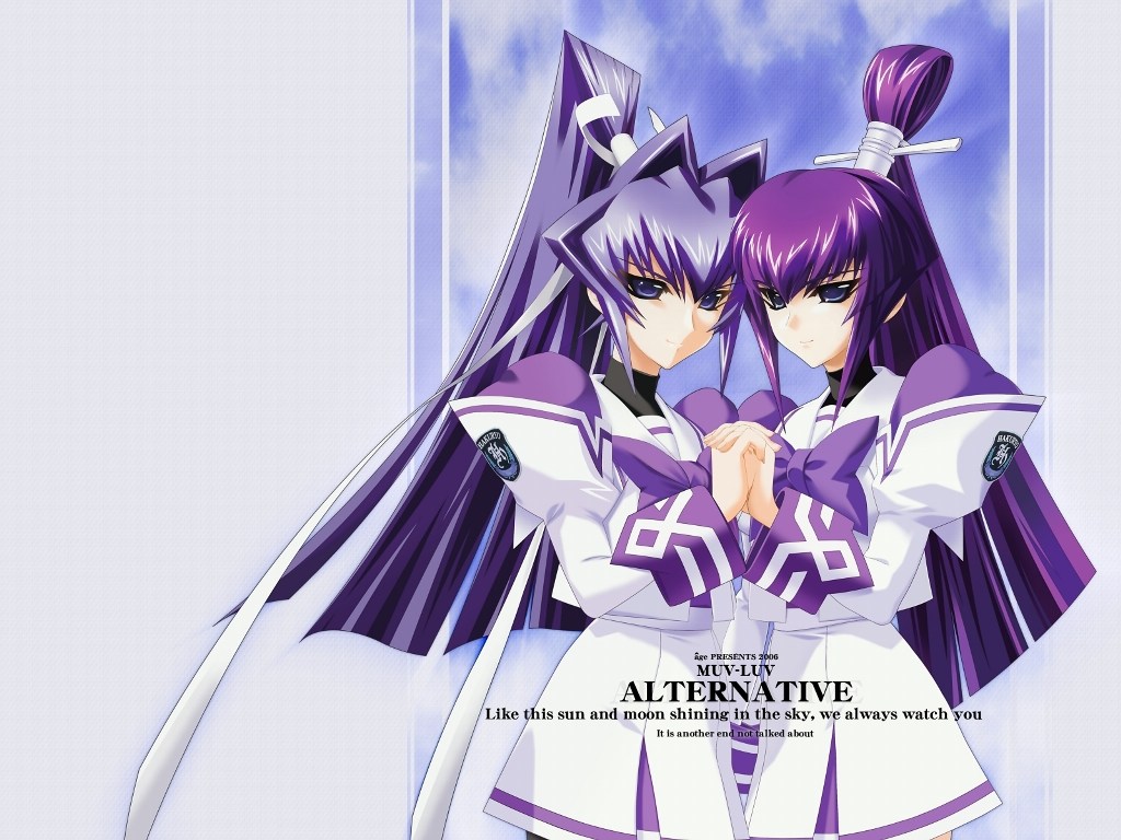 bou (inubou), koubuin yuuhi, mitsurugi meiya, muv-luv, muv-luv alternative, 2girls, blue eyes, blue hair, copyright name, english text, hair intakes, hair ribbon, high ponytail, holding hands, long hair, multiple girls, pantyhose, ponytail, purple hair, ribbon, school uniform, siblings, sisters, skirt, smile, twins