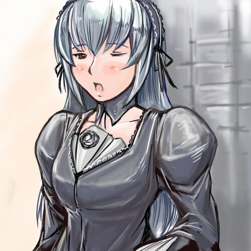 tsuda nanafushi, suigintou, rozen maiden, silver hair, lowres, 00s, aged up, gothic lolita, hairband, lolita fashion, long hair, one eye closed, red eyes, solo, wink