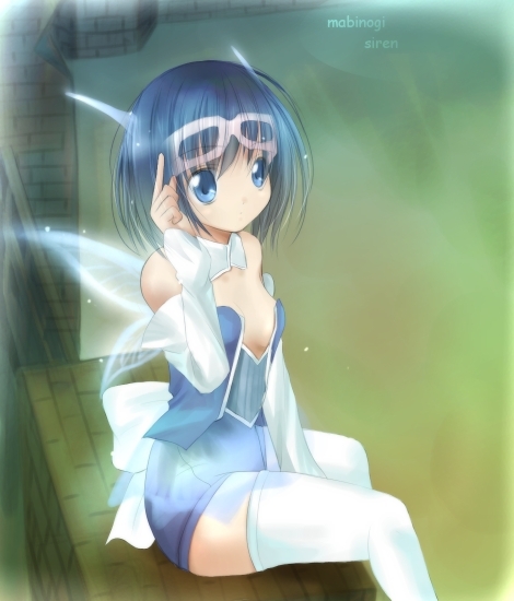 siren (mabinogi), mabinogi, 1girl, blue eyes, blue hair, butterfly wings, corset, detached sleeves, fairy, fairy wings, female focus, insect wings, matching hair/eyes, solo, thighhighs, wings