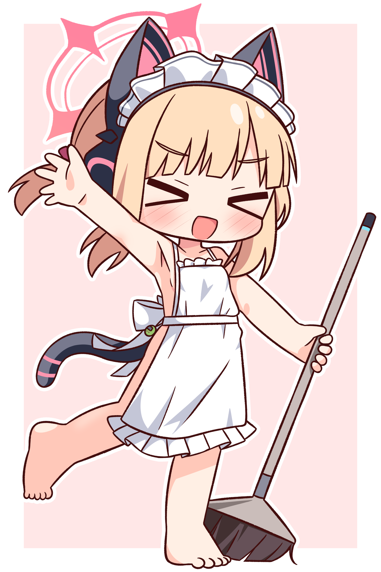 hana kazari, momoi (blue archive), momoi (maid) (blue archive), blue archive, absurdres, commentary request, highres, > <, 1girl, :d, animal ear headphones, animal ears, apron, arm up, armpits, barefoot, blonde hair, blush, border, broom, cat ear headphones, cat ears, closed eyes, collarbone, fake animal ears, frilled apron, frills, full body, halo, headphones, holding, holding broom, maid headdress, mechanical tail, naked apron, open mouth, outline, outside border, outstretched arm, pink background, pink halo, short hair, simple background, smile, solo, standing, standing on one leg, tail, white apron, white border, white outline, xd