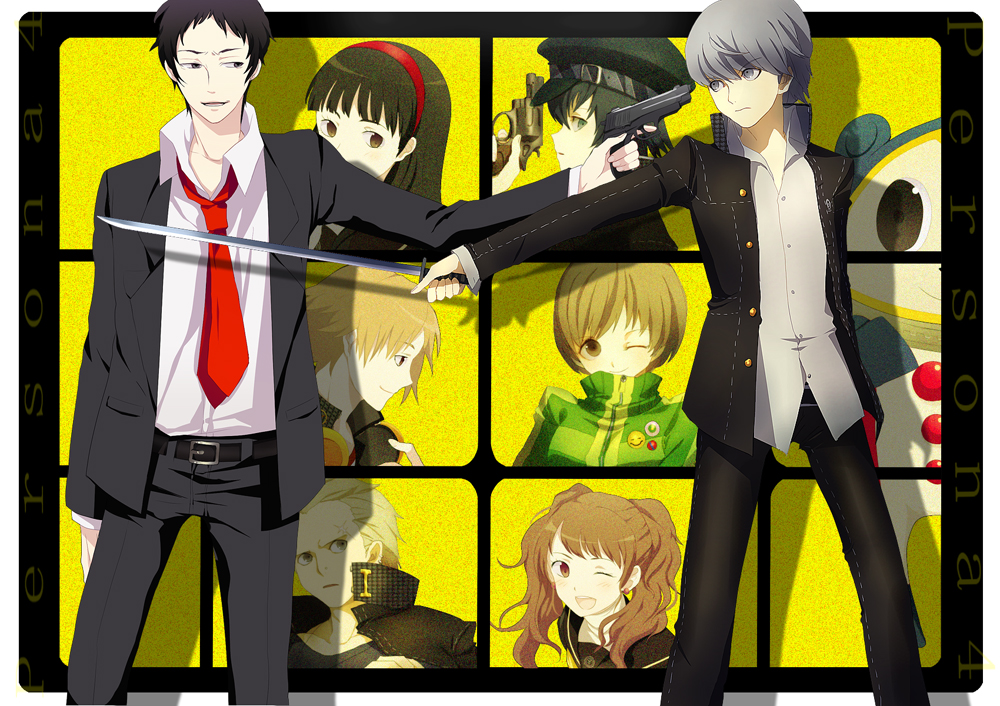 aozora, adachi tooru, amagi yukiko, hanamura yousuke, kujikawa rise, kuma (persona 4), narukami yu, satonaka chie, shirogane naoto, atlus, persona, persona 4, 4boys, 4girls, gun, handgun, multiple boys, multiple girls, pistol, sword, weapon