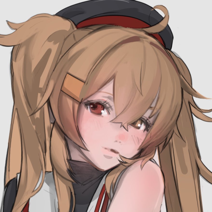 u teitoku, murasame (kancolle), murasame kai ni (kancolle), kantai collection, commentary request, 1girl, beret, black hat, blush, brown eyes, brown hair, closed mouth, crossed bangs, eyelashes, grey background, hair between eyes, hair ornament, hairclip, hat, heterochromia, long hair, looking at viewer, portrait, red eyes, sidelocks, simple background, solo, upper body