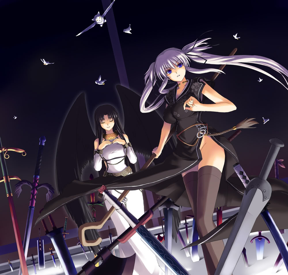 minazuki (karashikazoku), morrighan, nao (mabinogi), fate (series), mabinogi, md5 mismatch, resolution mismatch, source smaller, 2girls, bird, black hair, black wings, blue eyes, china dress, chinese clothes, closed eyes, detached sleeves, dress, field of blades, multiple girls, no panties, owl, side slit, staff, sword, thighhighs, twintails, unlimited blade works (reality marble), weapon, white hair, wings