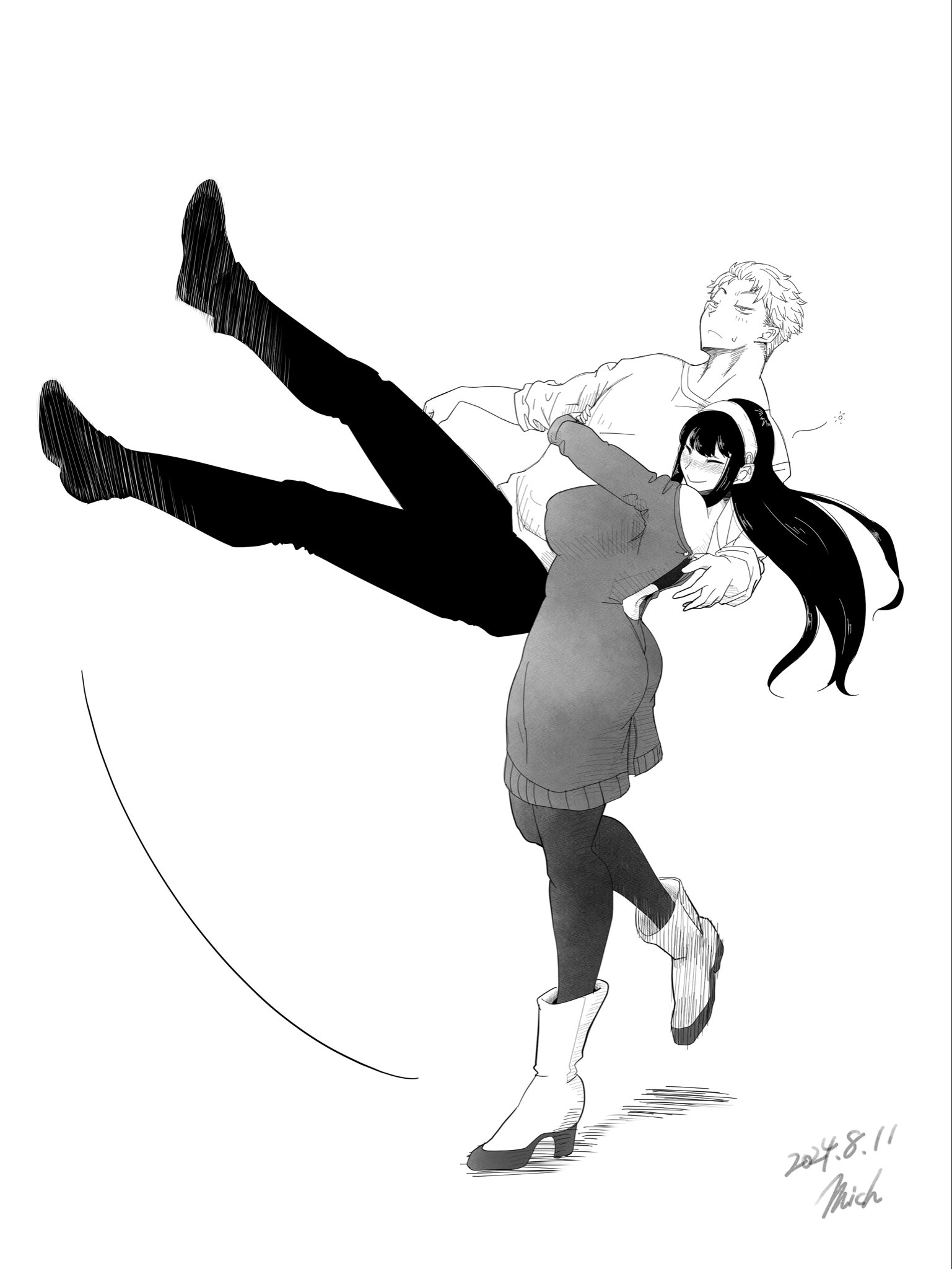 mich kj, twilight (spy x family), yor briar, spy x family, commentary request, highres, 1boy, 1girl, bare shoulders, black hair, blonde hair, blush, breasts, dated, earrings, full body, gold earrings, hairband, hetero, holding, husband and wife, jewelry, large breasts, long hair, long sleeves, shirt, short hair, sidelocks, smile, white hairband