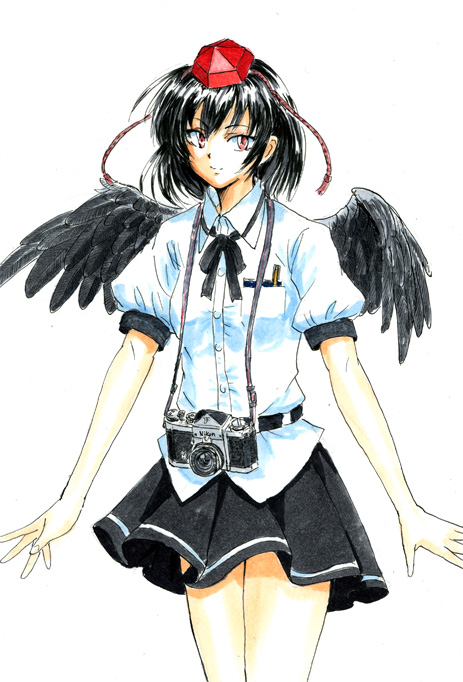 tsurui, shameimaru aya, touhou, 1girl, camera, female focus, hat, skirt, solo, white background