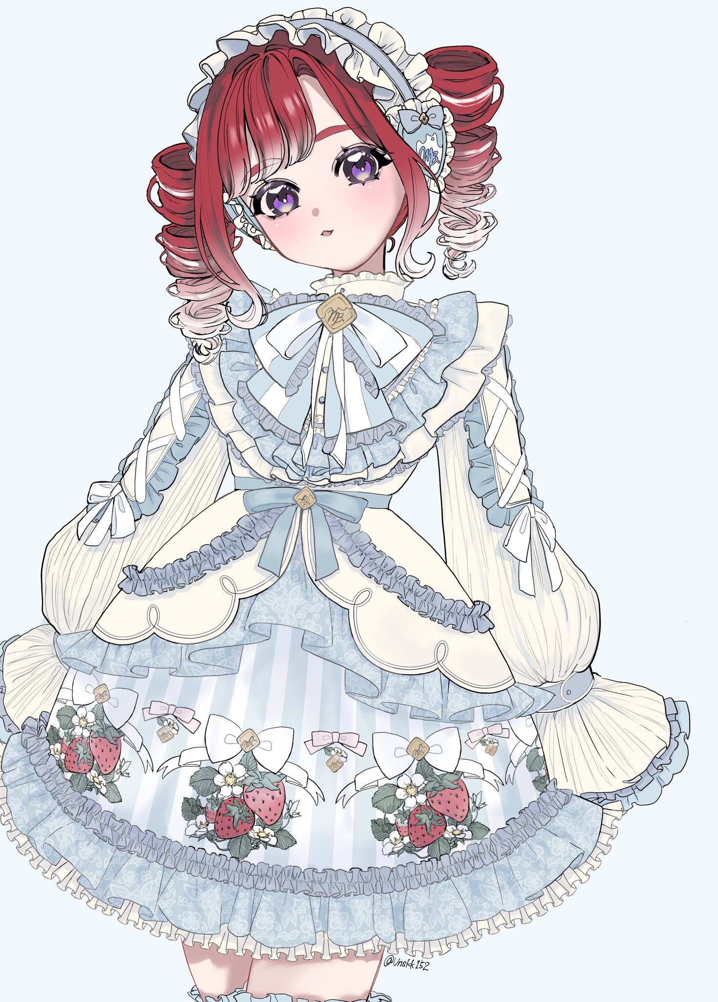 unskk152, saotome berry, nijisanji, commentary request, highres, 1girl, :3, alternate costume, blue bow, blue bowtie, blue hairband, blush, bow, bow hairband, bowtie, cross-laced clothes, cross-laced sleeves, dress, dress bow, food print, frilled dress, frilled hairband, frilled thighhighs, frills, fruit print, gradient hair, hairband, head tilt, lolita fashion, lolita hairband, lolita print, long sleeves, looking at viewer, multicolored hair, open mouth, parted bangs, petticoat, pink bow, puffy long sleeves, puffy sleeves, purple eyes, red hair, ribbon, short twintails, side part, sidelocks, sleeves past fingers, sleeves past wrists, smile, socks, solo, strawberry print, striped clothes, sweet lolita, thighhighs, twintails, twitter username, two-tone bow, two-tone bowtie, two-tone hair, two-tone hairband, vertical-striped clothes, virtual youtuber, white background, white bow, white bowtie, white hair, white hairband, white ribbon, white socks, white thighhighs, zettai ryouiki