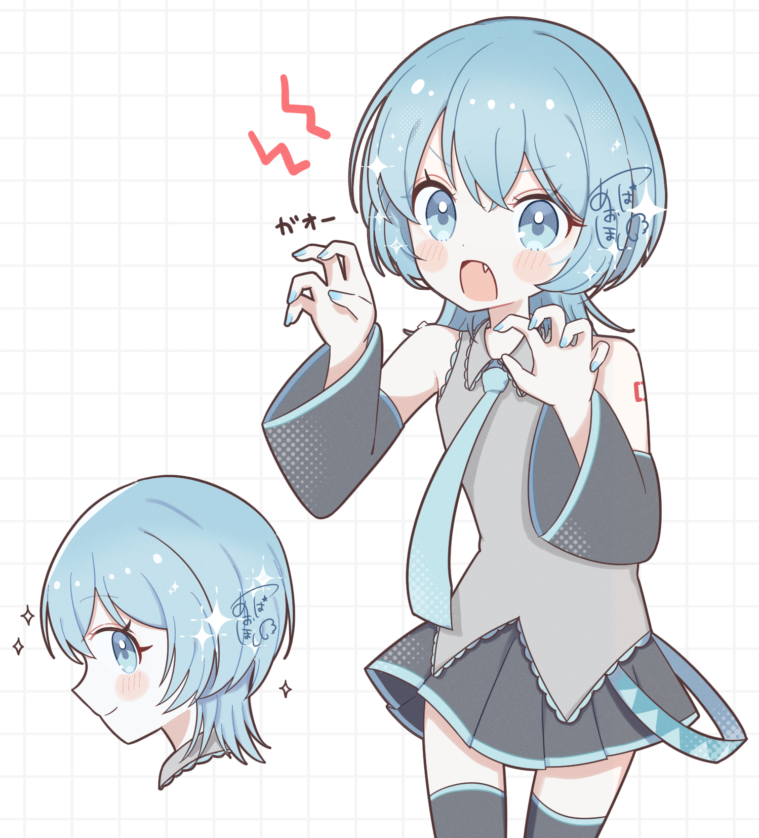aobahosino, hatsune miku, vocaloid, commentary, highres, 1girl, alternate hair length, alternate hairstyle, bare shoulders, black skirt, black sleeves, black thighhighs, blue eyes, blue hair, blue nails, blue necktie, blush stickers, claw pose, closed mouth, collared shirt, cowboy shot, detached sleeves, fang, gao, grey shirt, grid background, hands up, jellyfish cut, long sleeves, miniskirt, multiple views, nail polish, necktie, open mouth, pleated skirt, profile, shirt, short hair, shoulder tattoo, signature, skirt, sleeveless, sleeveless shirt, smile, sparkle, tattoo, thighhighs, v-shaped eyebrows, white background, wide sleeves, zettai ryouiki