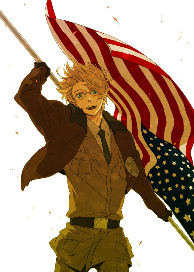 kurosuke (nora), america (hetalia), axis powers hetalia, bad id, bad pixiv id, 00s, 1boy, american flag, belt, blonde hair, blue eyes, bomber jacket, flag, glasses, gloves, happy, jacket, male focus, military, military uniform, necktie, smile, solo, united states, wind